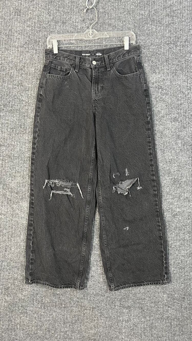 Old Navy Jeans Womens 2 Mid Rise Wow Baggy Wide Leg Black Distressed Denim